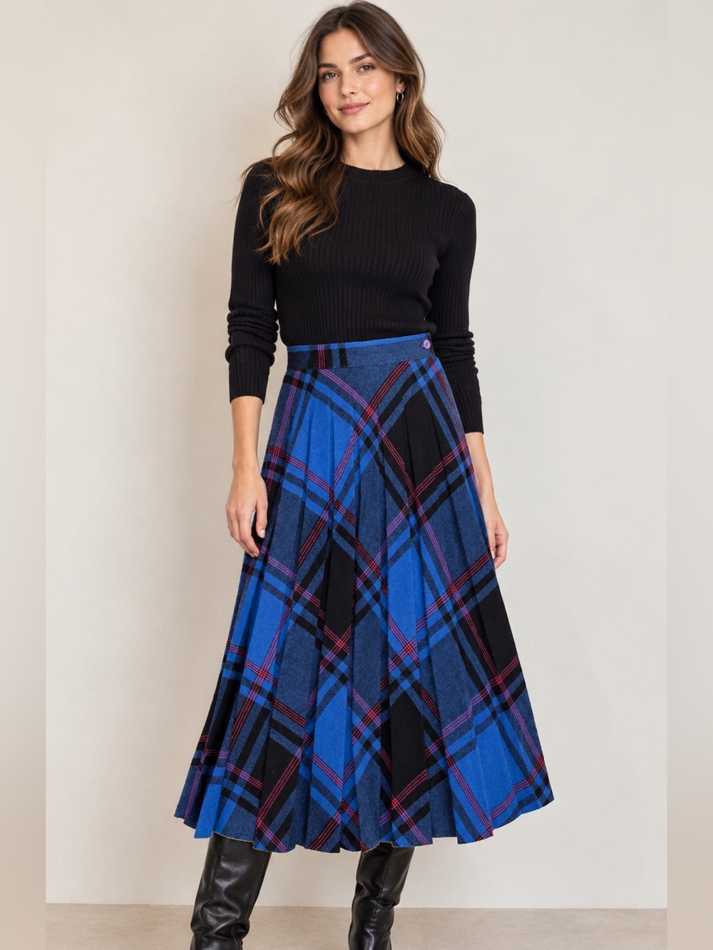 Vintage 100% Wool Blue Plaid Pleated Midi Skirt